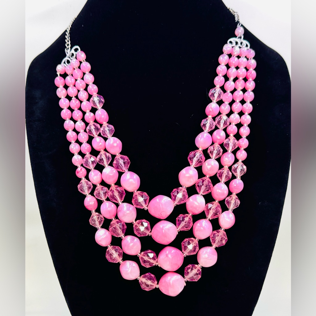 Vintage Stamped Germany Pink Multi-Strand Beaded Necklace 15-23 29$